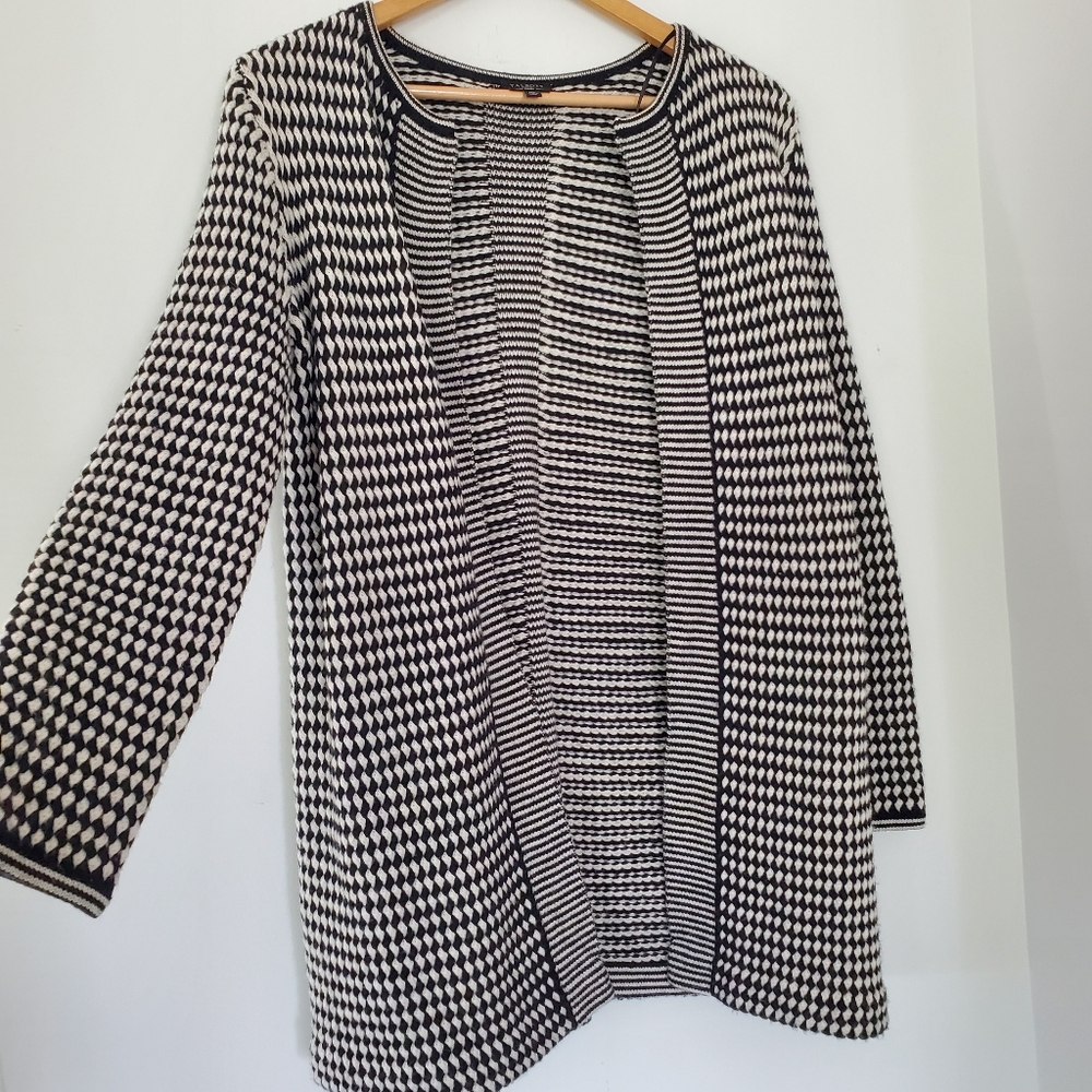 Black White 100% Merino Wool Open Front Cardigan Knit MP Casual Office TALBOTS